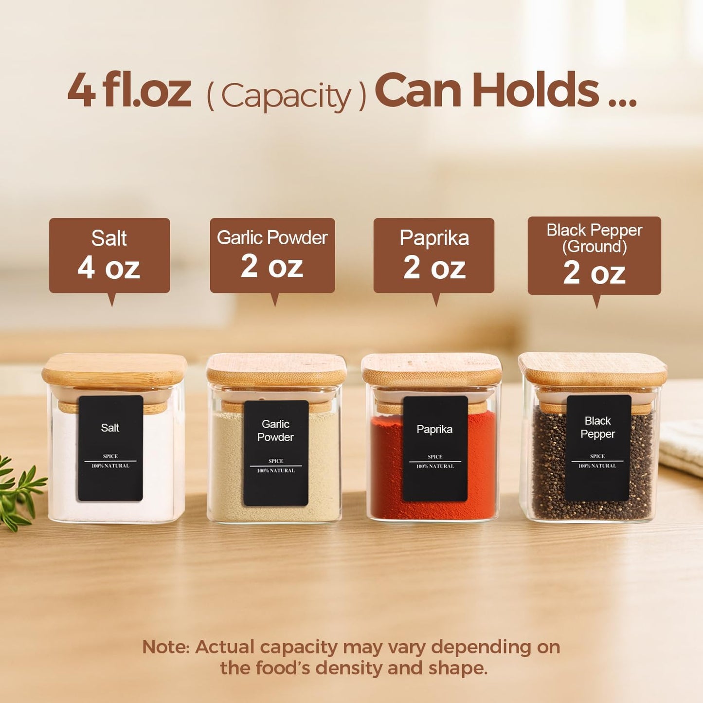 ComSaf Spice Jars with Labels 4 oz 6Pack, Small Spice Containers Starter Set, Glass Seasoning Jars with Lids, Square Seasoning Containers for Salt, Pepper, Chili Powder, Sugar, Ginger Ground, Cumin