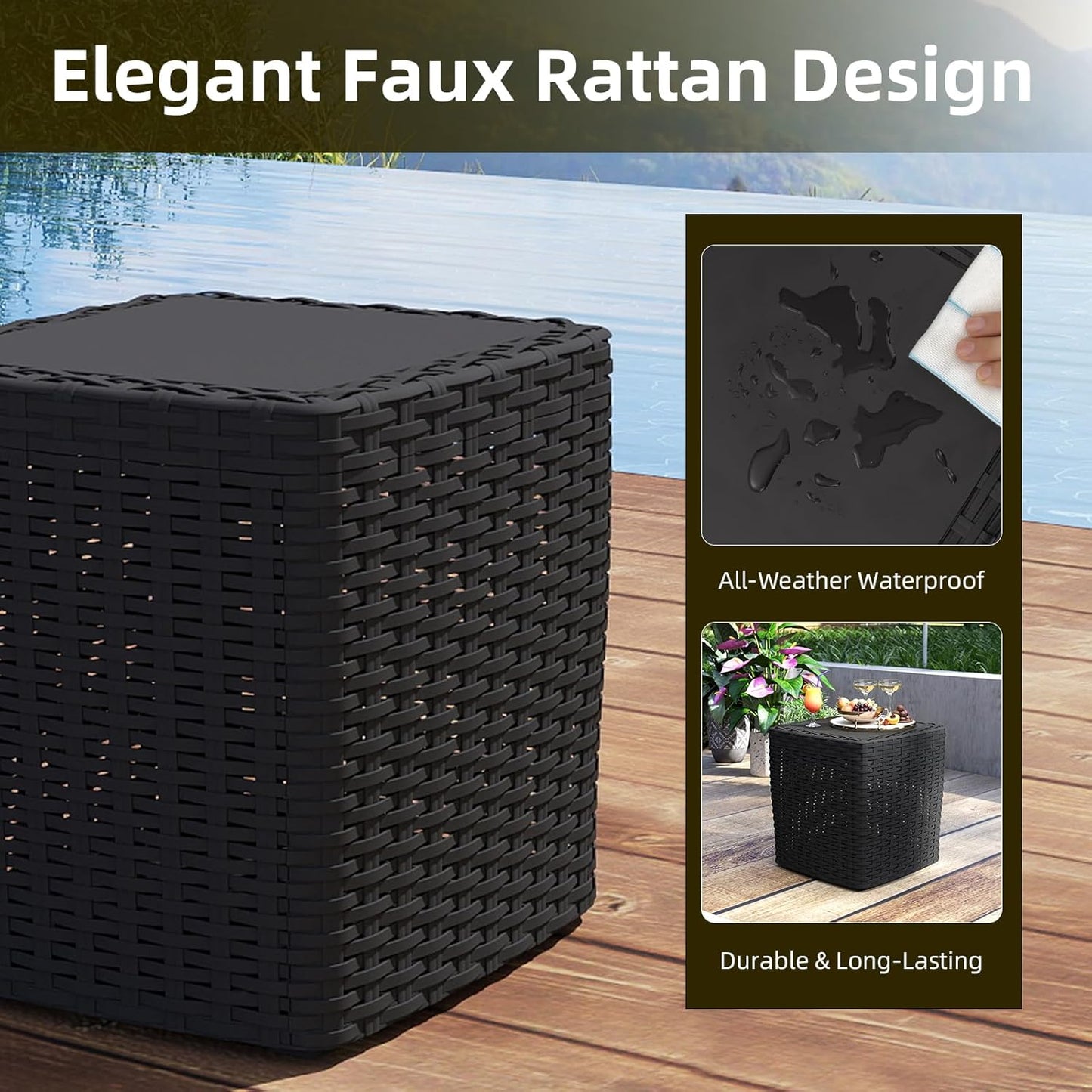 35 Gallon Outdoor Storage Box, Faux Rattan Deck Box with Removable Lid & Lockable Feature, All-Weather Waterproof Storage Bench for Poolside, Garden Tools Delivery Packages, Black