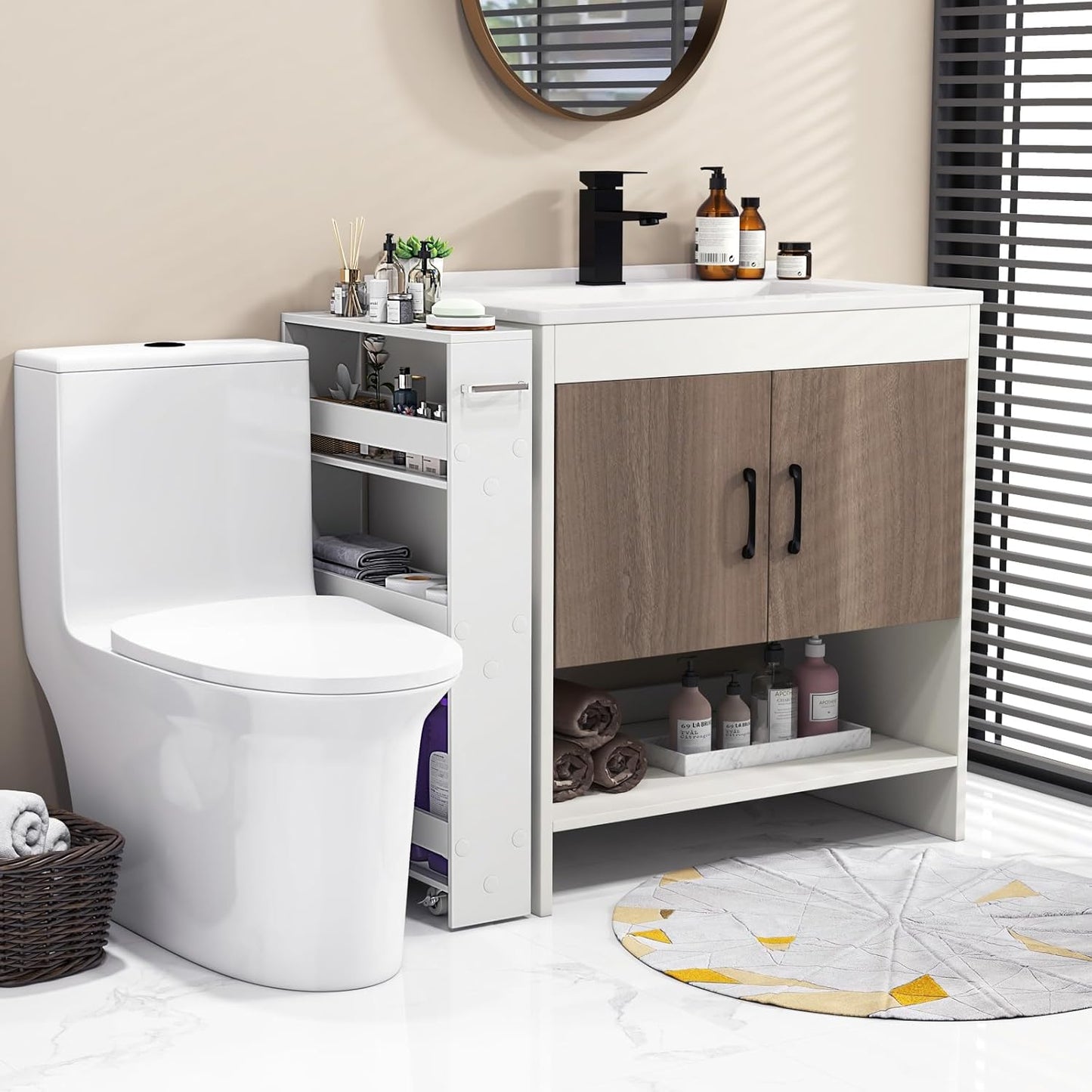 Slim Storage Cart, 4 Tier Narrow Storage Cabinet Between Washer and Dryer, 4 Universal Wheels w/Convenient Handle, Modern Skinny Bathroom Cart for Kitchen, Bathroom, Laundry Room (White)