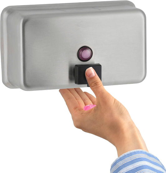 Bobrick Surface-Mounted Soap Dispenser - Satin-Finish Stainless Steel, 40-fl oz Capacity, Manual Liquid Soap Dispenser with Low Soap Indicator, Top Fill, Vandal-Resistant, Wall-Mounted Design (B-2112)