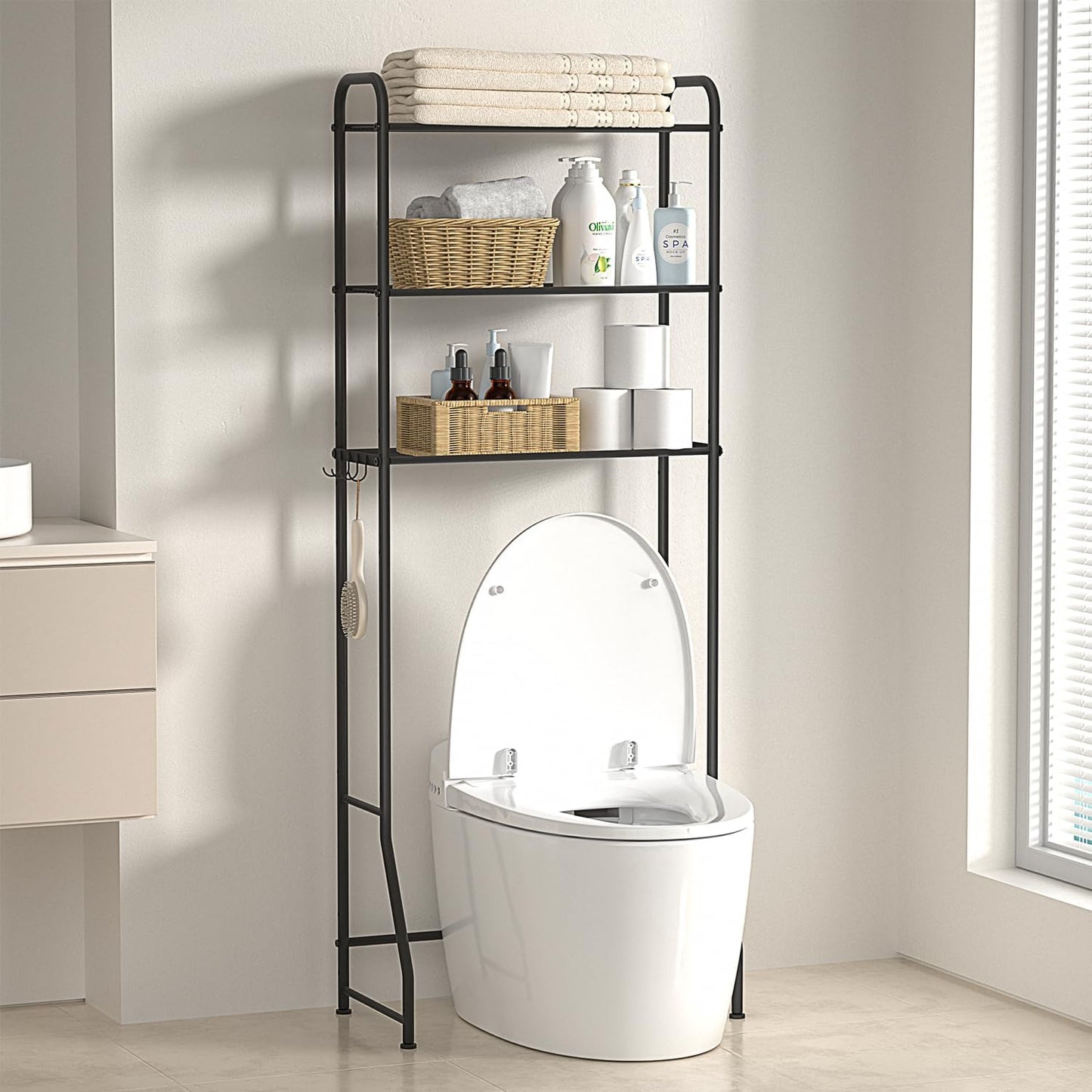ASHLEYRIVER Over The Toilet Storage Rack, 3-Tier Storage Rack Toilet Adjustable Shelf Rack with Hooks & Roll Holder,Steel Black