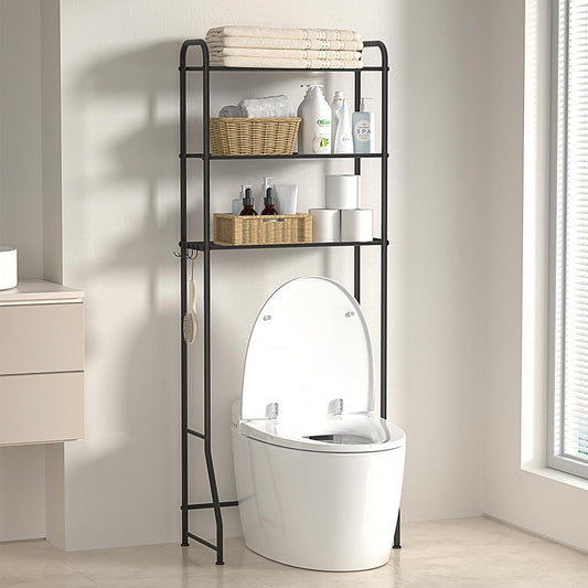 ASHLEYRIVER Over The Toilet Storage Rack, 3-Tier Storage Rack Toilet Adjustable Shelf Rack with Hooks & Roll Holder,Steel Black