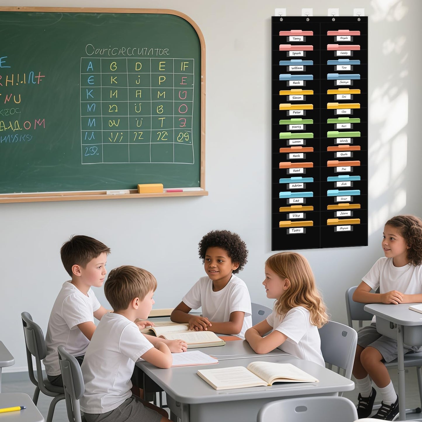 28 Pocket Hanging Wall File Organizer with 28 Name tag Pockets, File Storage Pocket Chart for Classroom and Office Use. Keeps Assignments, Files, Scrapbooks, and Papers Neatly Organized.