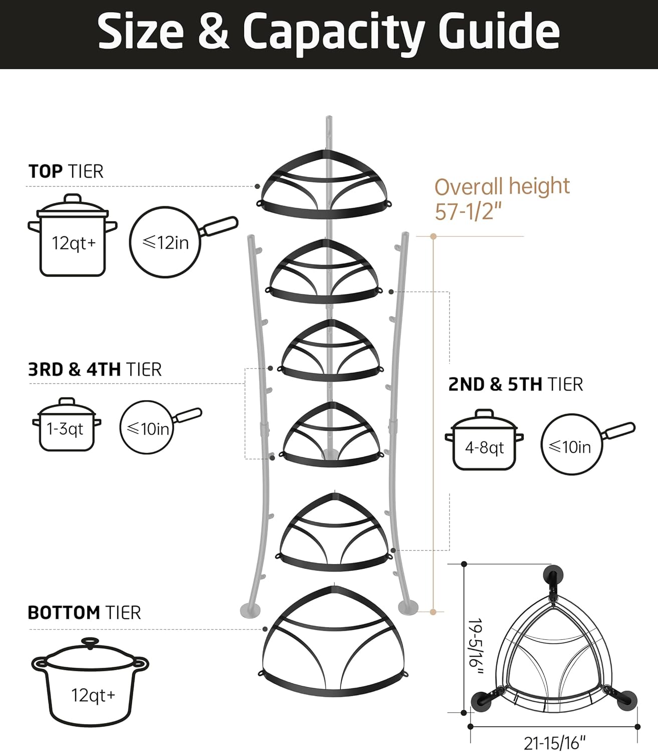 KES 264 Lbs Capacity Freestanding Pot Rack, 6-Tier Cast Iron Cookware Stand with 6 Hooks, Pots and Pans Storage Tower for Kitchen, Stable Base, Anti-tip Strap & Floor Protectors Black, KUR531S6-BK