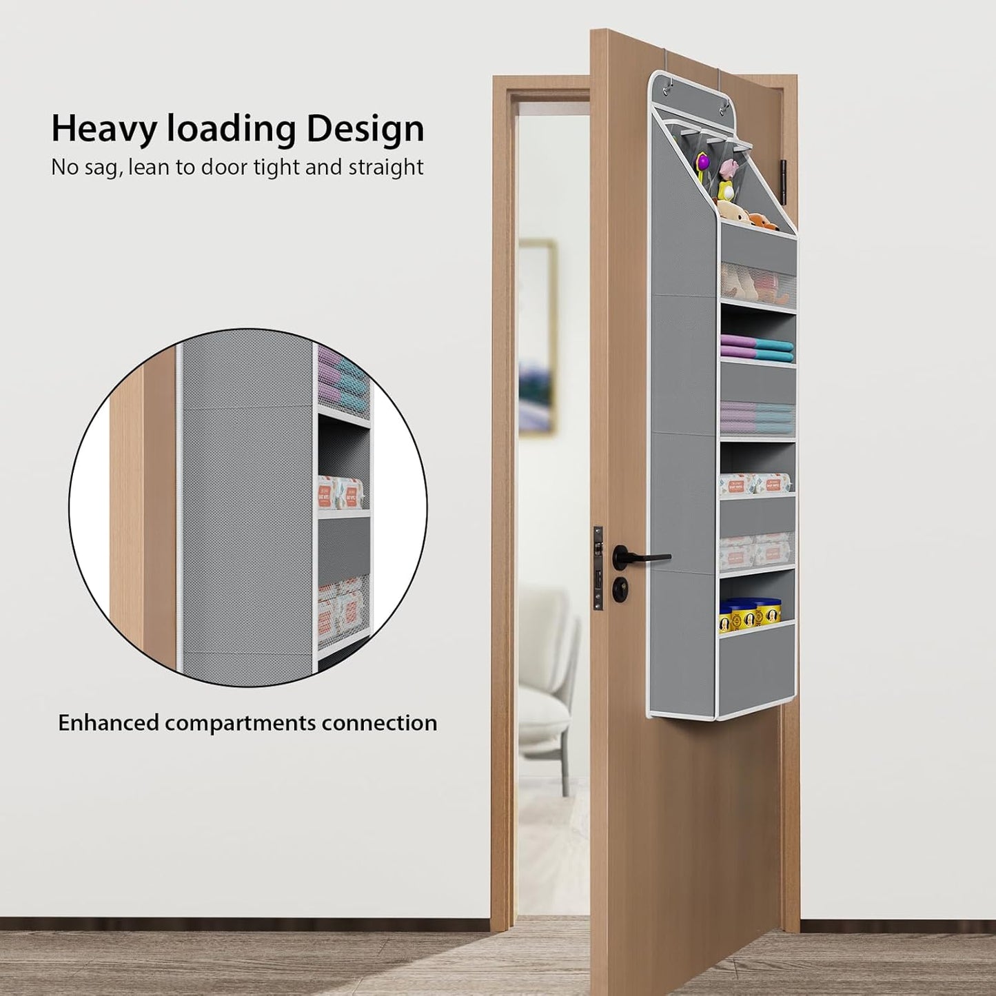 Univivi 5-Shelf Fabric Door Storage Over Door Hanging Organizer with 4 Large Pockets and 3 Small PVC Pockets Nursery Closet Cabinet Wall Mount Hanging Storage Organizers for Baby Nursery (Grey)