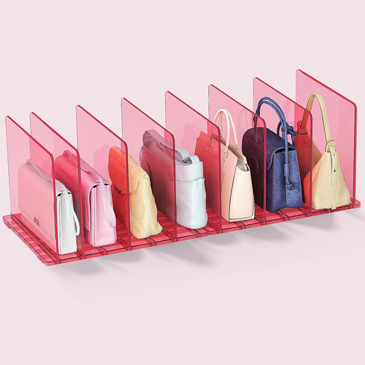Purse Organizer for Closet: Shelf Dividers Adjustable Acrylic Bag Closet Organizers and Storage Pink 2 Bases 7 Shelves