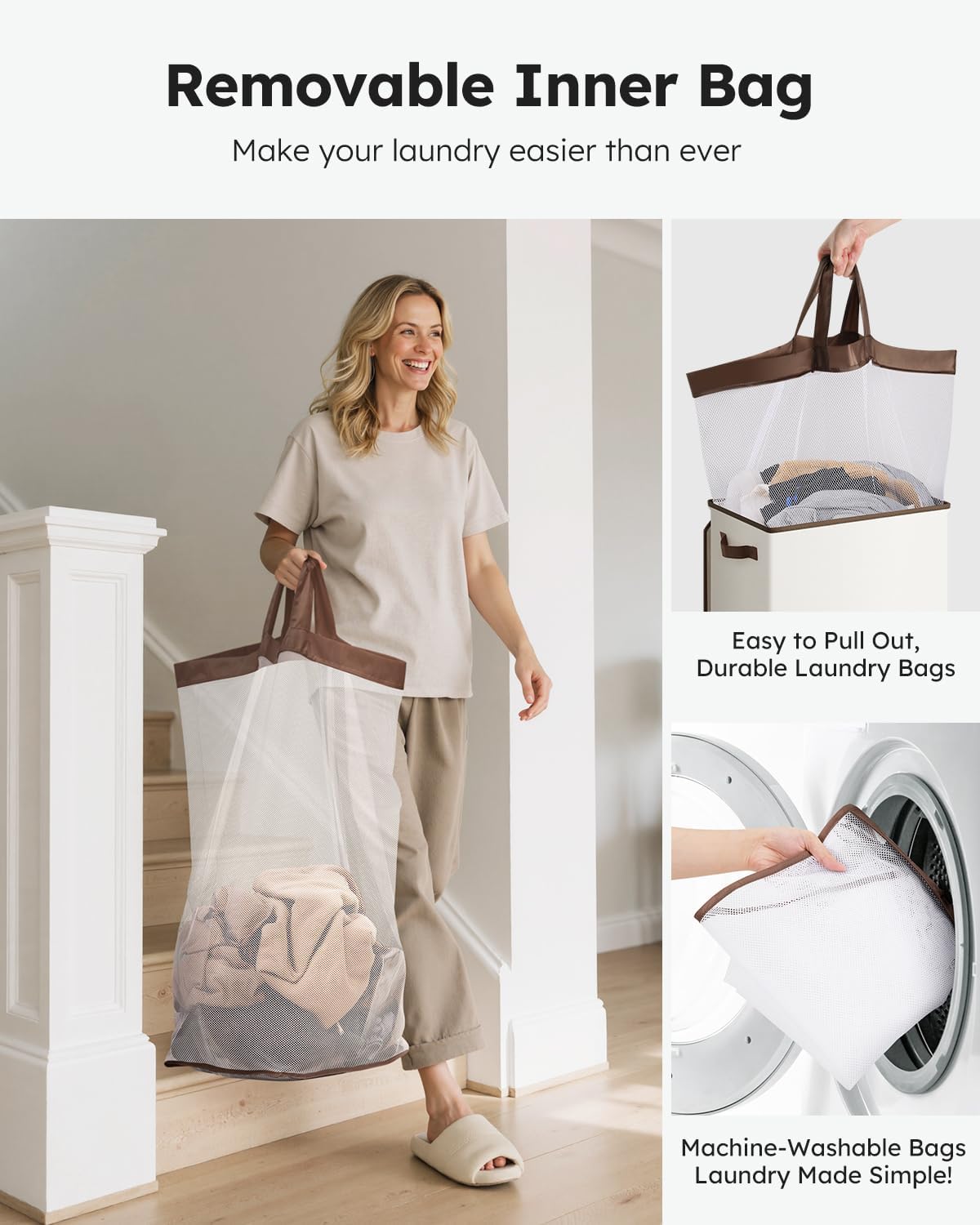 SOLEDI Clothes Hamper with Lid - 100L XL - Large Laundry Basket with Removable Bag, Collapsible Laundry Baskets, Convenient Storage - Hampers for Laundry for Bedroom, Bathroom, Closet, Dorm, Off-White
