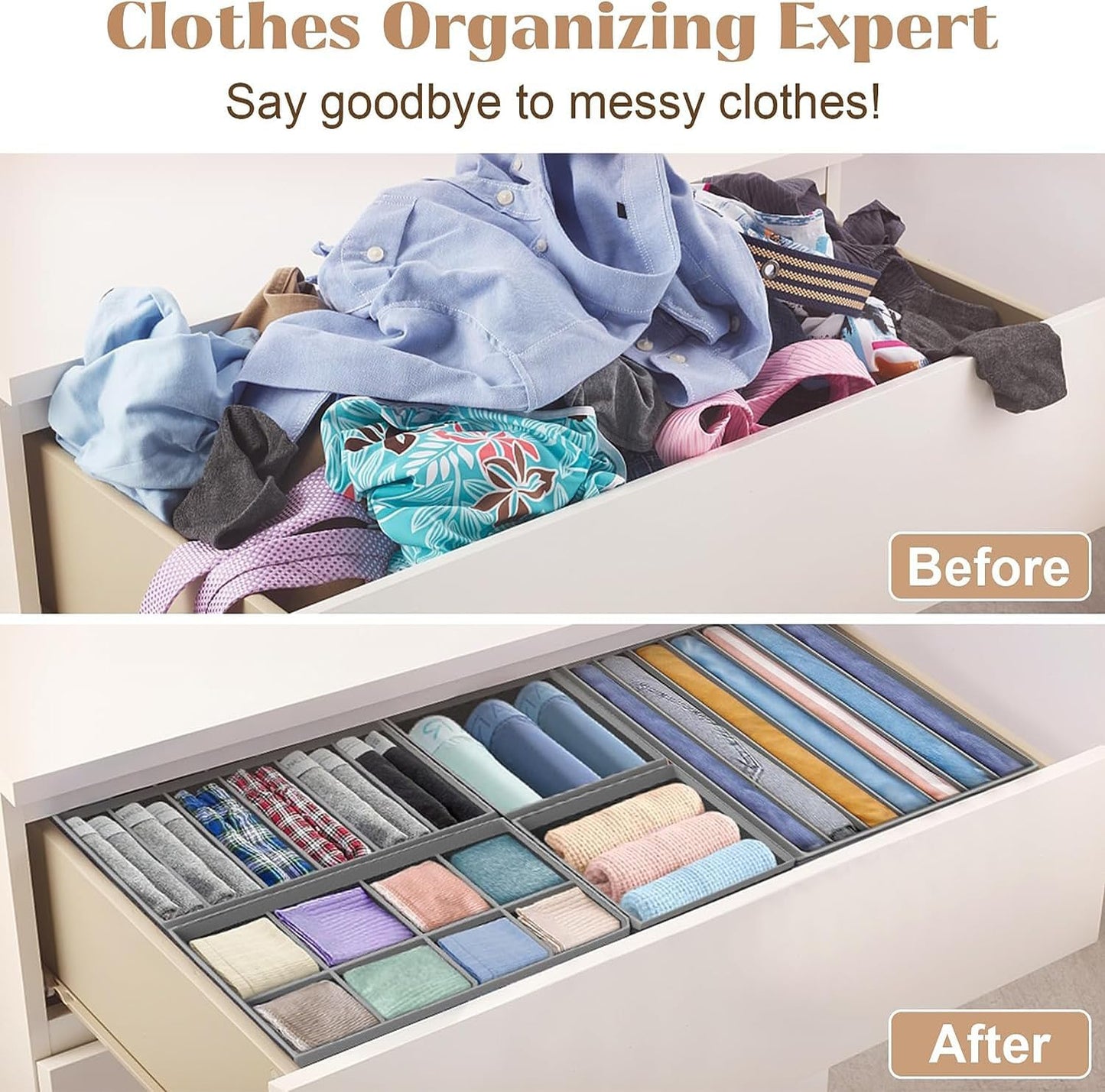 8 Pack Dresser Drawer Organizer Clothes Underwear Sock Storage Drawer Dividers Grey Foldable Closet Organizer Storage Box