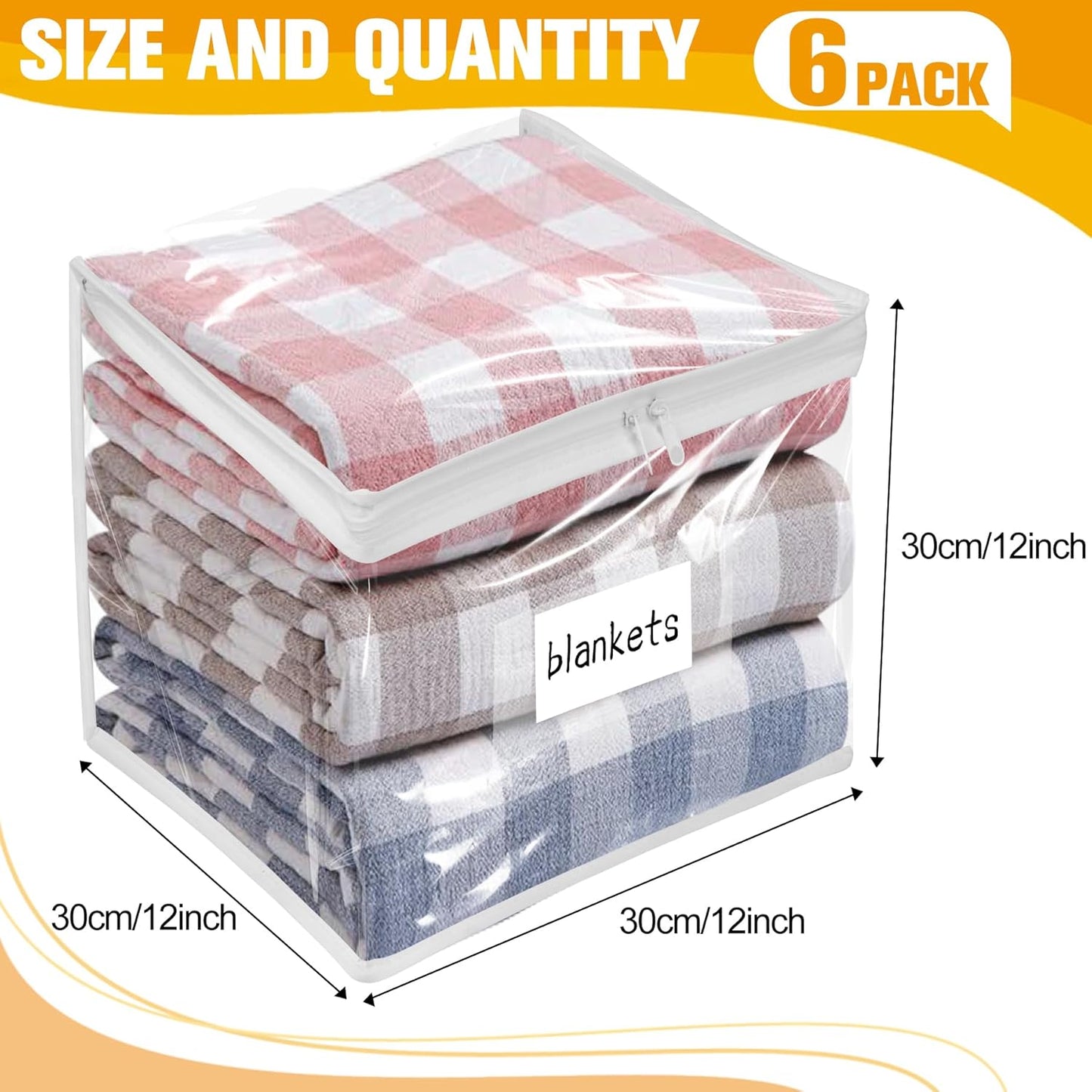 Plastic Storage Bags with Easy-Glide Zipper, Pack of 6, Durable Clear Vinyl Zippered Storage Bags for Clothes Sweaters Comforters Blankets Sheets Bedding (12 x 12 x 12 Inch)