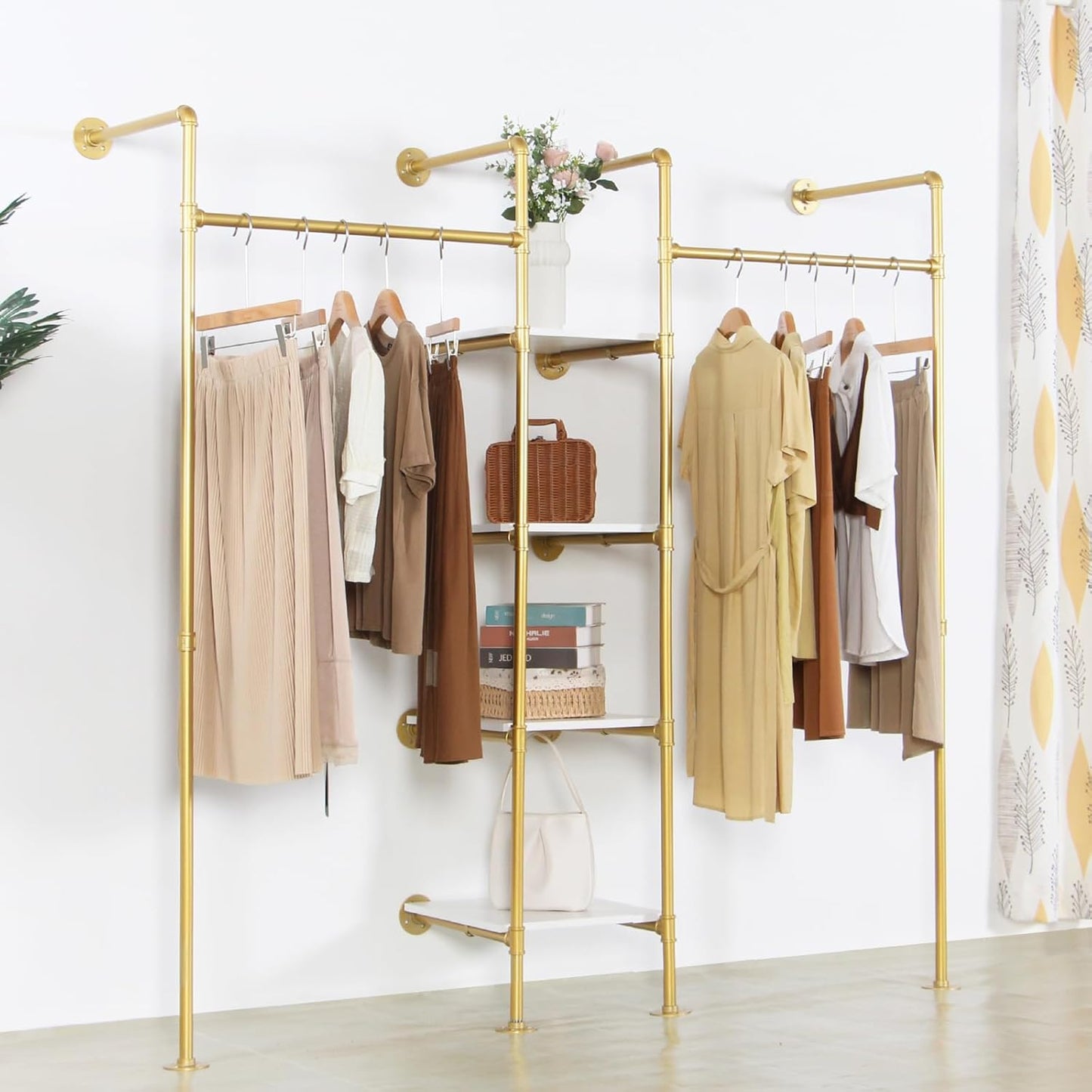Industrial Pipe Gold Clothing Rack with Shelves, Retail Display Wall Mounted Storage Clothes Hanging Shelf Gold Pipeline Hanging Rod Steampunk Style, 4 Tier Wood Garment Rack 72.8x71inch