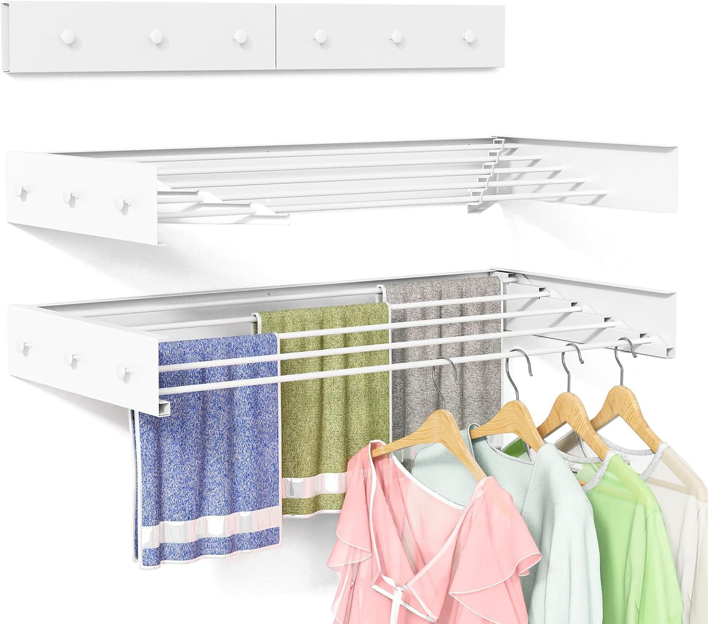 Wall Mounted Drying Rack for Laundry 31.5'', Folding Clothes Drying Rack Wall Mount with 5 Rods and 6 Hooks, Space Saving Collapsible Towel Rack for Indoor Outdoor Bathroom Balcony (White, 31.5'')