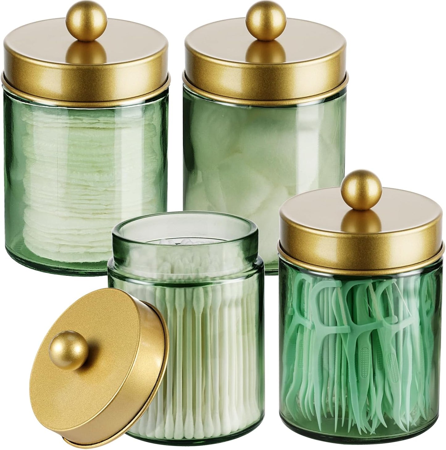 Amolliar Sage Green Apothecary Glass Jar With Metal Lid & Stickers, Bathroom Qtip Holder Storage Canister, Farmhouse Decor for Cotton Balls, Cotton Swabs, Round Pads, Bath Salt, Floss,Gold 4 Pack