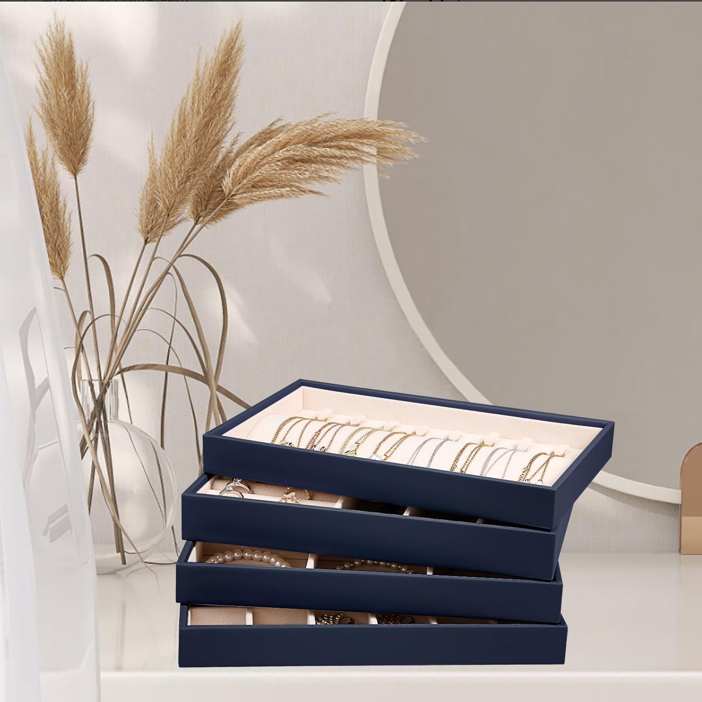 LANDICI Stackable Jewelry Organizer Trays 4 Set,PU Leather Jewelry Organizer Drawer,Jewelry Storage Display Tray for Earring Necklace Rings Bracelet with Removable Dividers,Dark Blue
