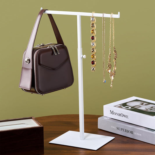 Purse Display Stand Jewelry Tower Stainless Steel Handbag Stand Jewelry Stands Tabletop for Necklaces Organizer Stand Adjustable Height Home Store Boutique, White