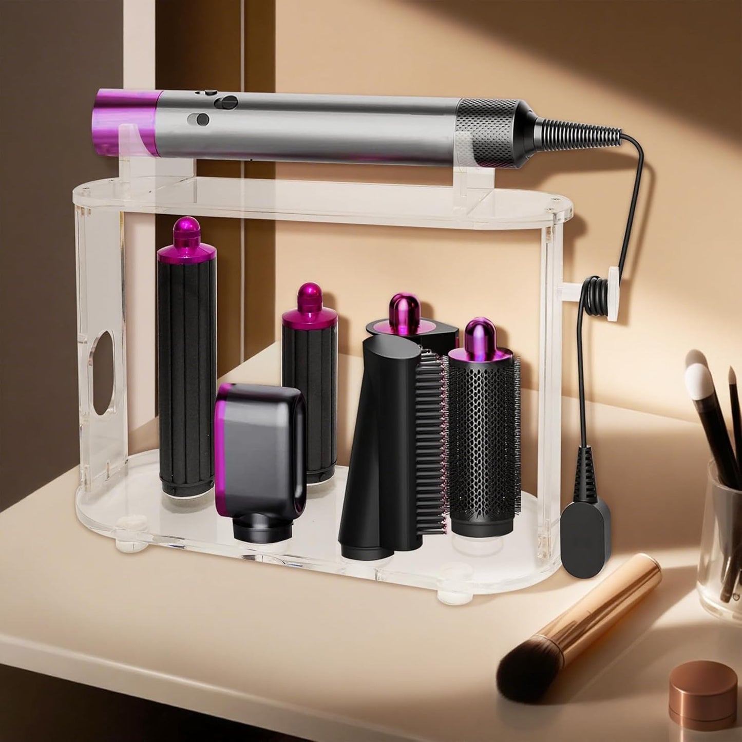 2025 New Storage Holder for Dyson Airwrap Hair Tool Organizer Accessories, Clear Acrylic Hair Dryer Rack 6 Holes Countertop Desktop Styler Stand Bathroom Organizer with Cord Hanger