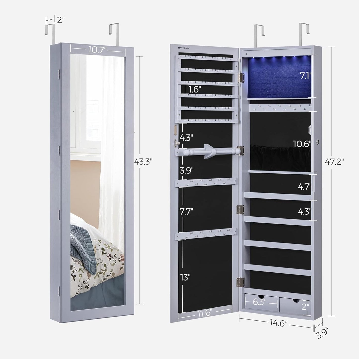 SONGMICS 6 LEDs Mirror Jewelry Cabinet, 47.2-Inch Tall Lockable Wall or Door Mounted Jewelry Armoire Organizer with Mirror, 2 Drawers, Christmas Gift, 3.9 x 14.6 x 47.2 Inches, Gray