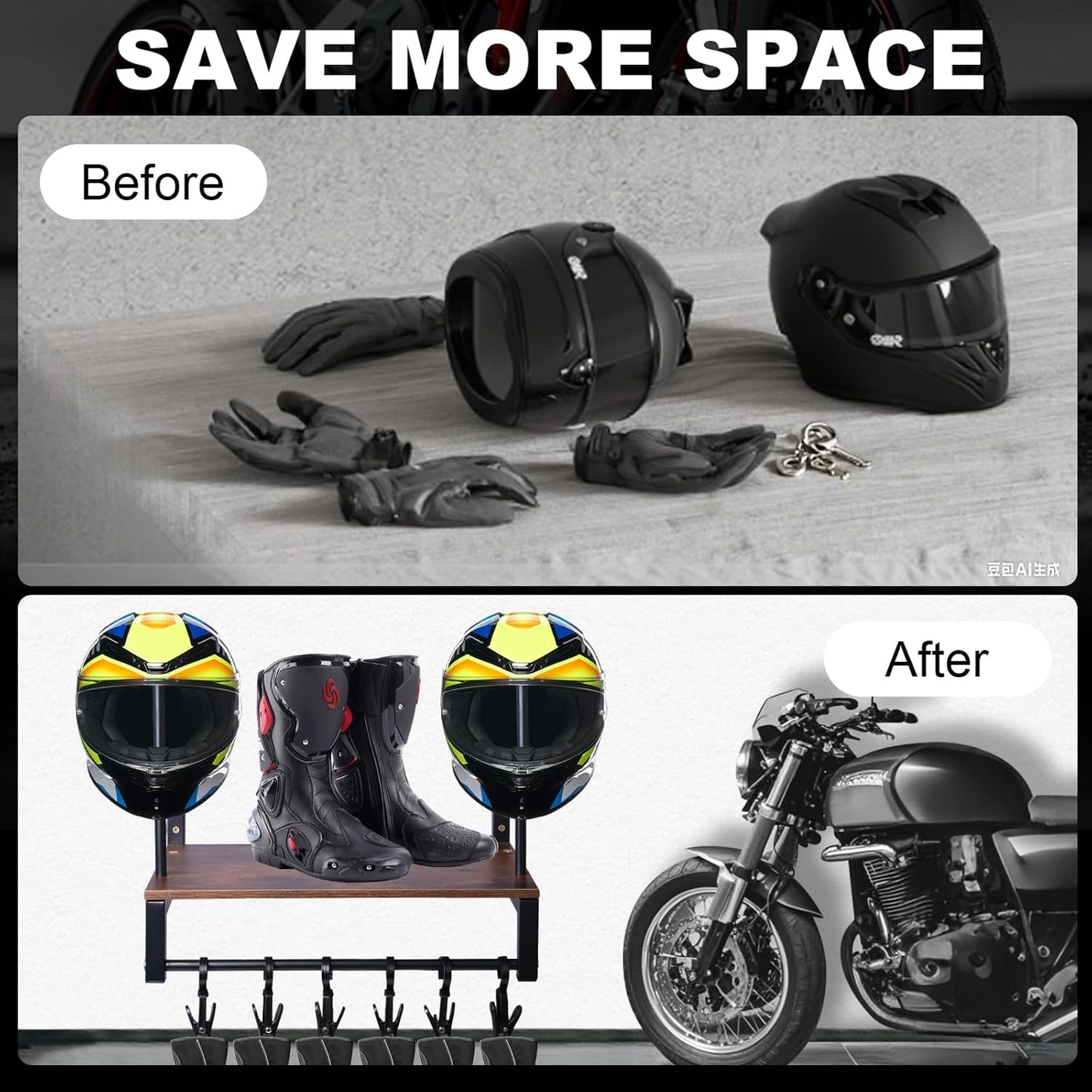 Motorcycle Helmet Rack Wall Mount, Helmet Holder with 6 Glove Chips& Hooks - Rustic Bike Helmets Storage Organizer, Universal Wall Mount for Helmets, Gear, Clothes, Motorcycle Accessories