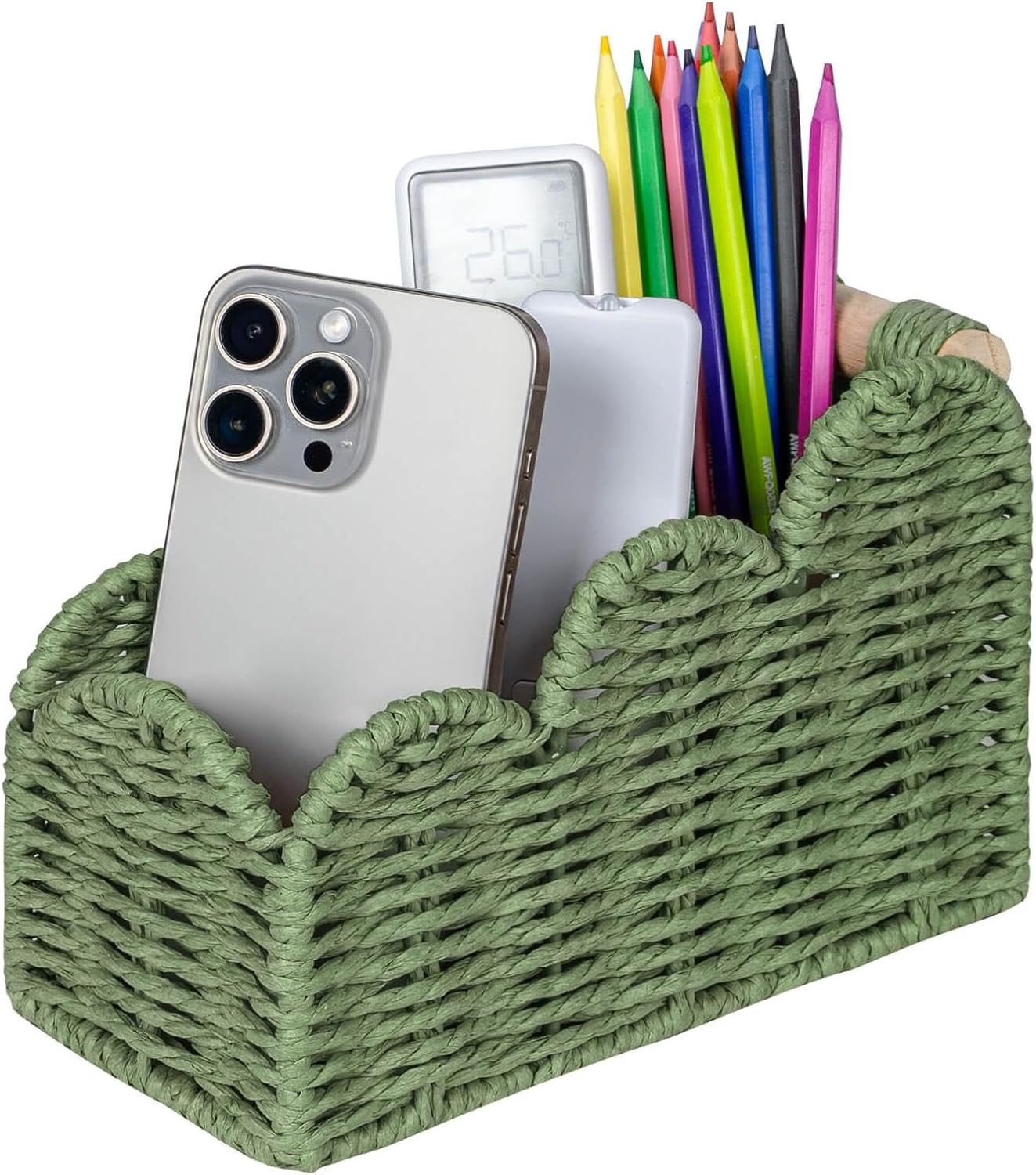 CubesLand Scalloped TV Remote Control Holder Bedside Candy Organizer, Office Desk Storage Organizer Accessories, Pen Pencil Cup, Makeup Brush Holder, Fits Farmhouse Rustic Decor, Earth Friendly, Green