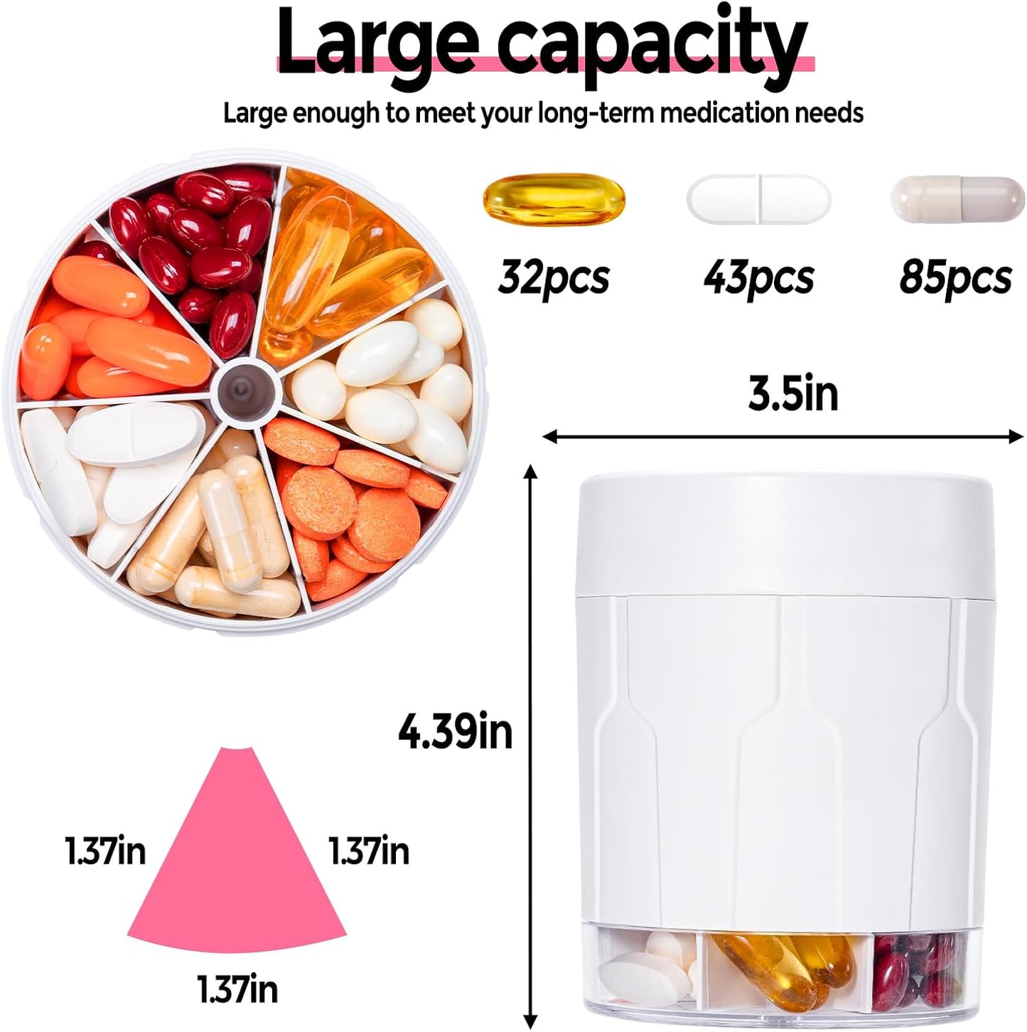 Betife Extra Large Supplement Organizer,Weekly Pill Organizer Bottle, Daily Pill Dispenser with 7 Large Compartments, Organizer to Hold 7 Day Vitamin Medication,21 Labels and a Cleaning Brush（White）