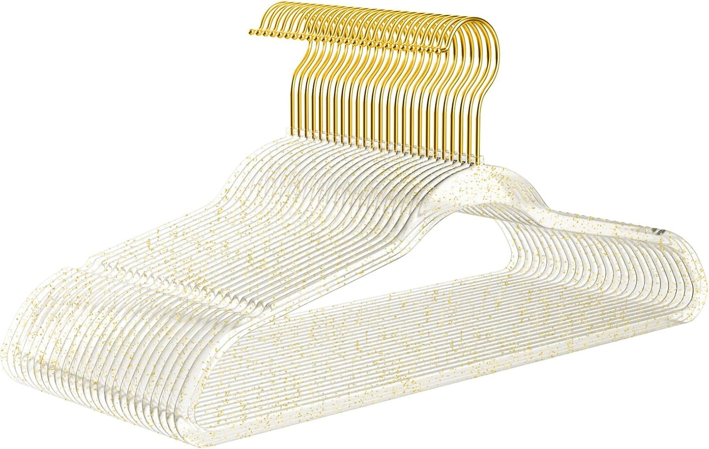 Premium Clear Invisible Acrylic Hangers,Crystal Plastic Hangers with Bling Gold Glitter 50 Pack Ultra Slim & Space Saving Suit Hangers for Coats, Pants & Dress Clothes