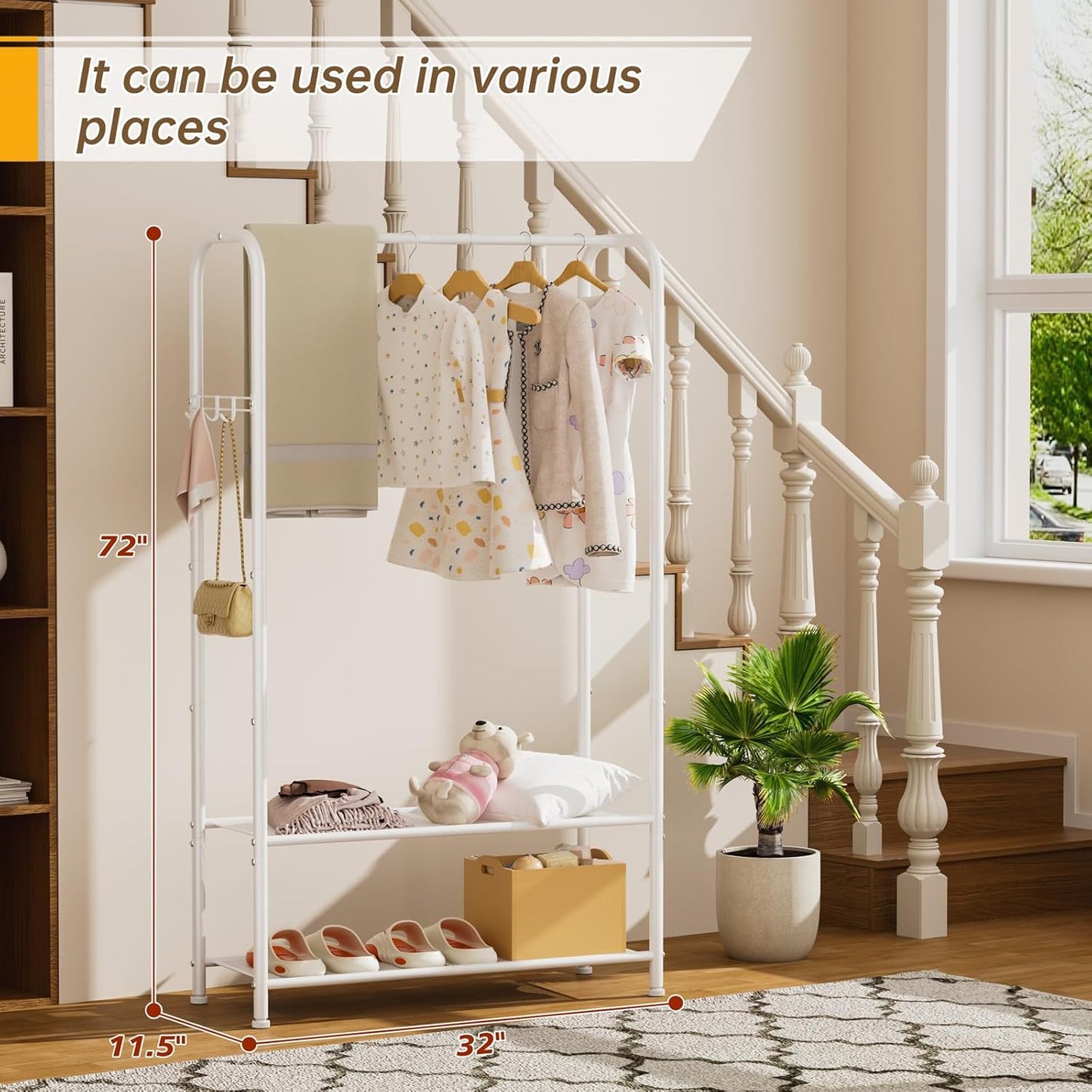 Clothes Garment Coat Rack Drying Clothing Racks Metal Freestanding for Hanging Clothes Portable Closet for Laundry Bedroom White