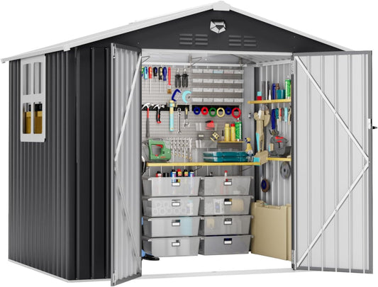 8x6 FT Outdoor Storage Shed, Metal Garden Shed - Tool Storage Sheds with Lockable Doors & 1 Clear Window, Waterproof Outside Storage Building for Backyard, Patio (Black; Floor Not Included)