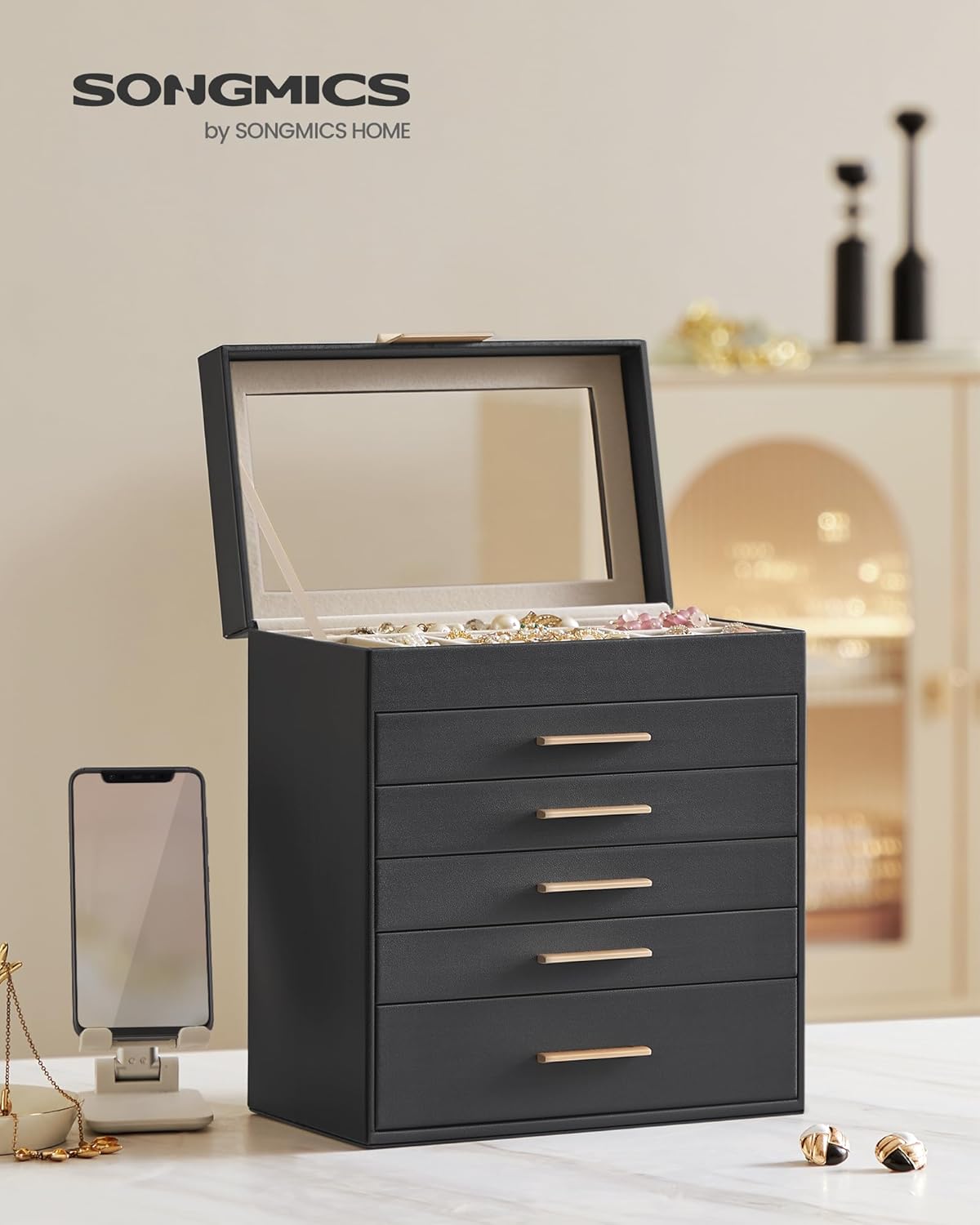 SONGMICS Jewelry Box Organizer with Glass Lid, 6-Layer Jewelry Storage, with 5 Drawers, Modern Style, Christmas Gift, 6.4 x 9.9 x 11.4 Inches, Graphite Black and Gold Color UJBC171B01