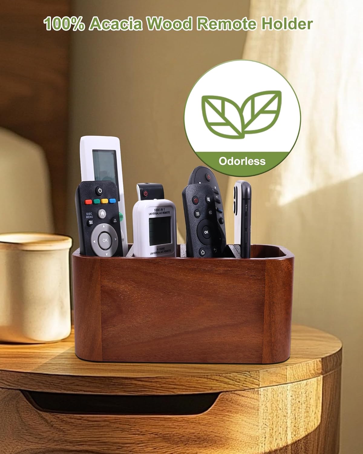 ‌Acacia Wood Remote Control Holder, Bonfixe Removable Desk Organizer with 4 Compartments & 4 Protective Pads, Easy Storage‌ TV Remote Holder for Living Room, Bedside Caddy, Office Supplies