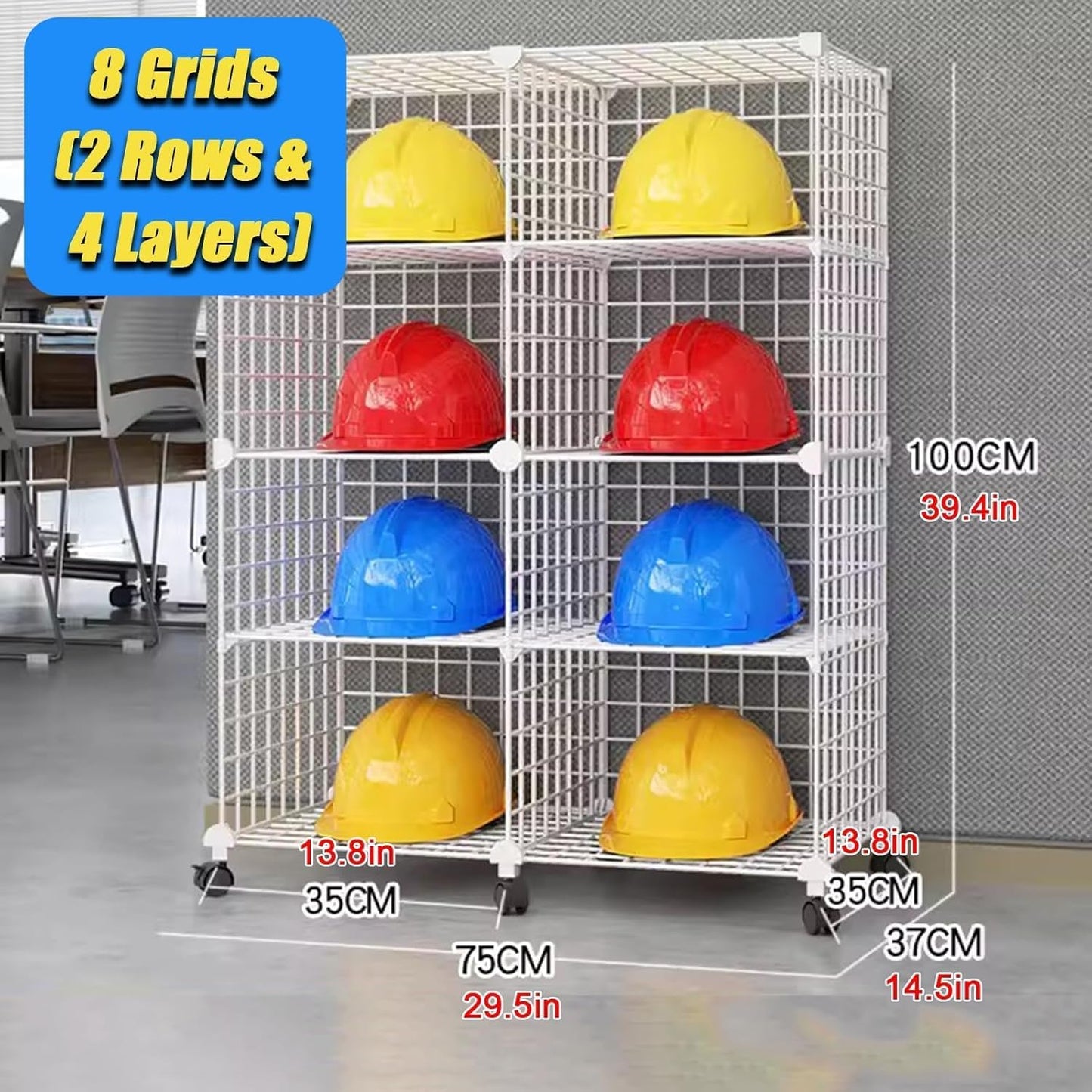 Stackable Safety Helmet Storage Boxes, Large Adjustable Hard Hat Placement Organizer Rack,with Wheels,for Construction Site/Garage/Workshop/Factory Helmet Display Shelf (White, 8 Grids-2 * 4)