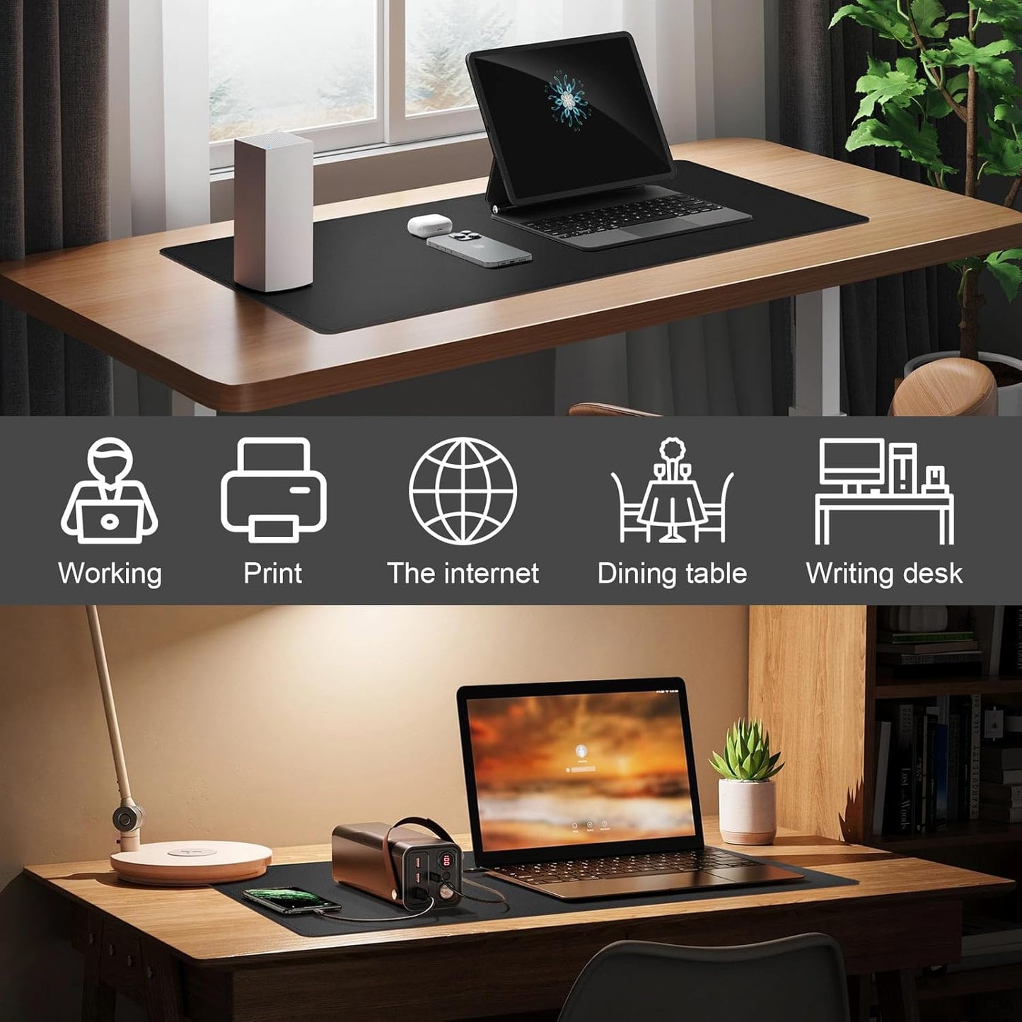 DAWNTREES Laptop Mat for Desk,PU Leather Desk Protector Pad,Non Slip, 23.6" x 13.8" Large Mouse Pad and Keyboard Mat, Waterproof Writing Pad for Office and Home (Black)
