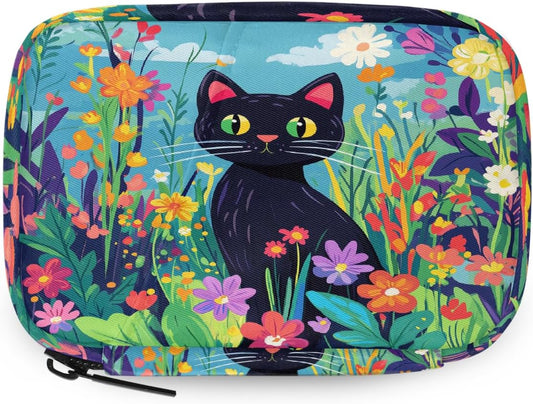 Art Painting Flower Cat Pill Organizer Travel Medicine Case with Zipper Daily Vitamin Storage Bag Portable 8 Slot Weekly Pill Box Supplement Holder for Home Office Gym Travel