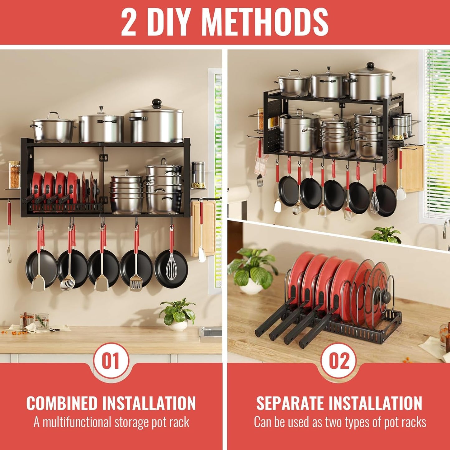 31 Inch Pot Rack Wall Mounted, 2-Tier Pots and Pans Hanging Organizer with 20 Hooks & Pan Organizer and Spice Rack, Heavy Duty Hanging Pot Hanger for Kitchen Cookware, Utensils, Black