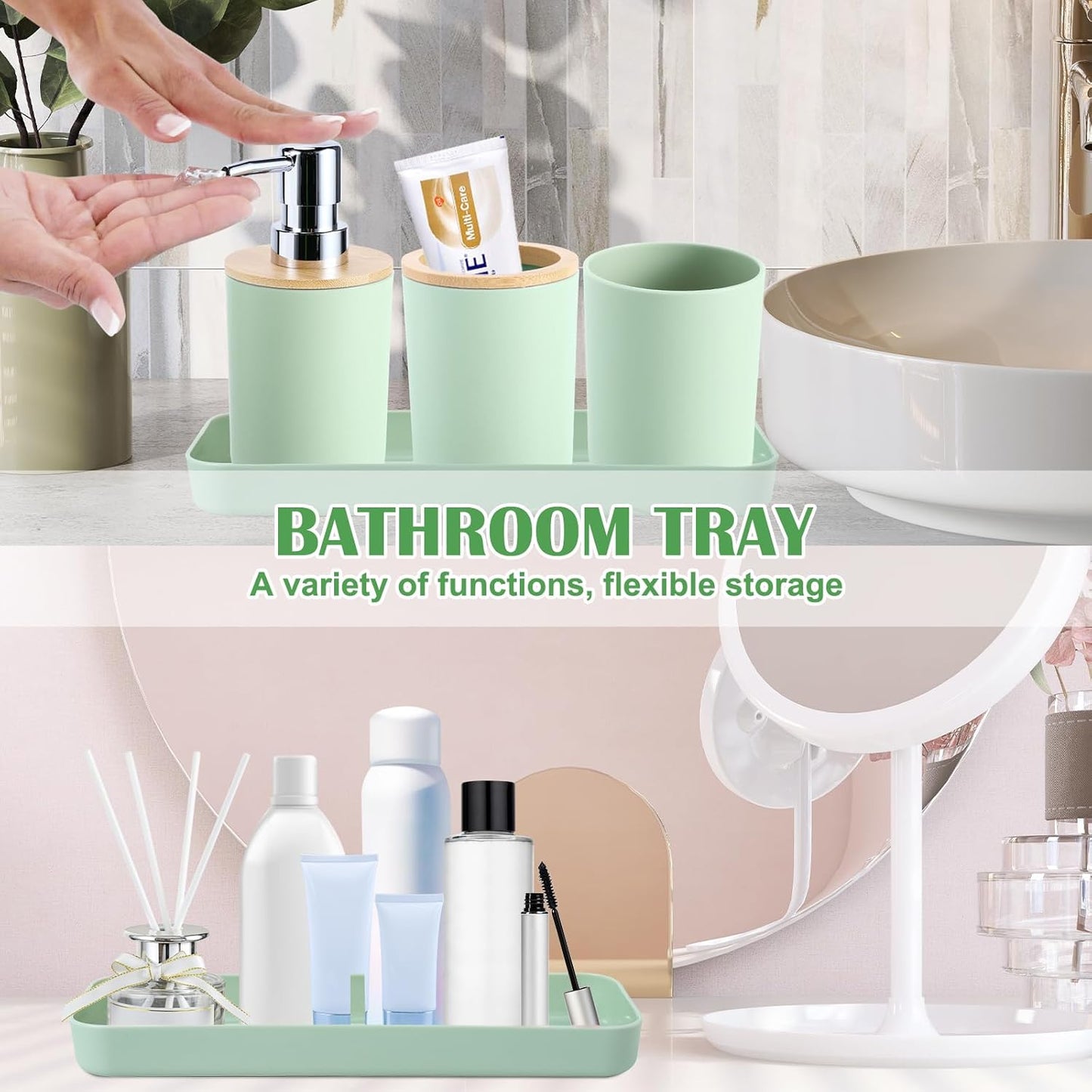 iMucci 9Pcs Pastel Green Bathroom Accessories Set - with Trash Can,Toilet Brush,Toothbrush Holder, Lotion Soap Dispenser, Soap Dish,Toothbrush Cup,Qtip Holder (Bamboo Cover)