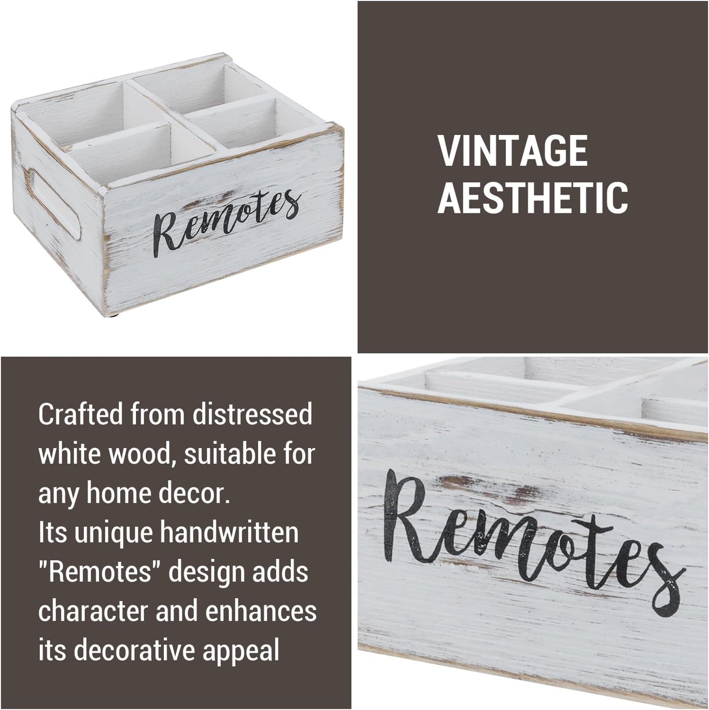 MyGift Wood Remote Control Holder Organizer with 4 Compartments, Media Remote Caddy Storage with Cursive REMOTES Design, Whitewashed