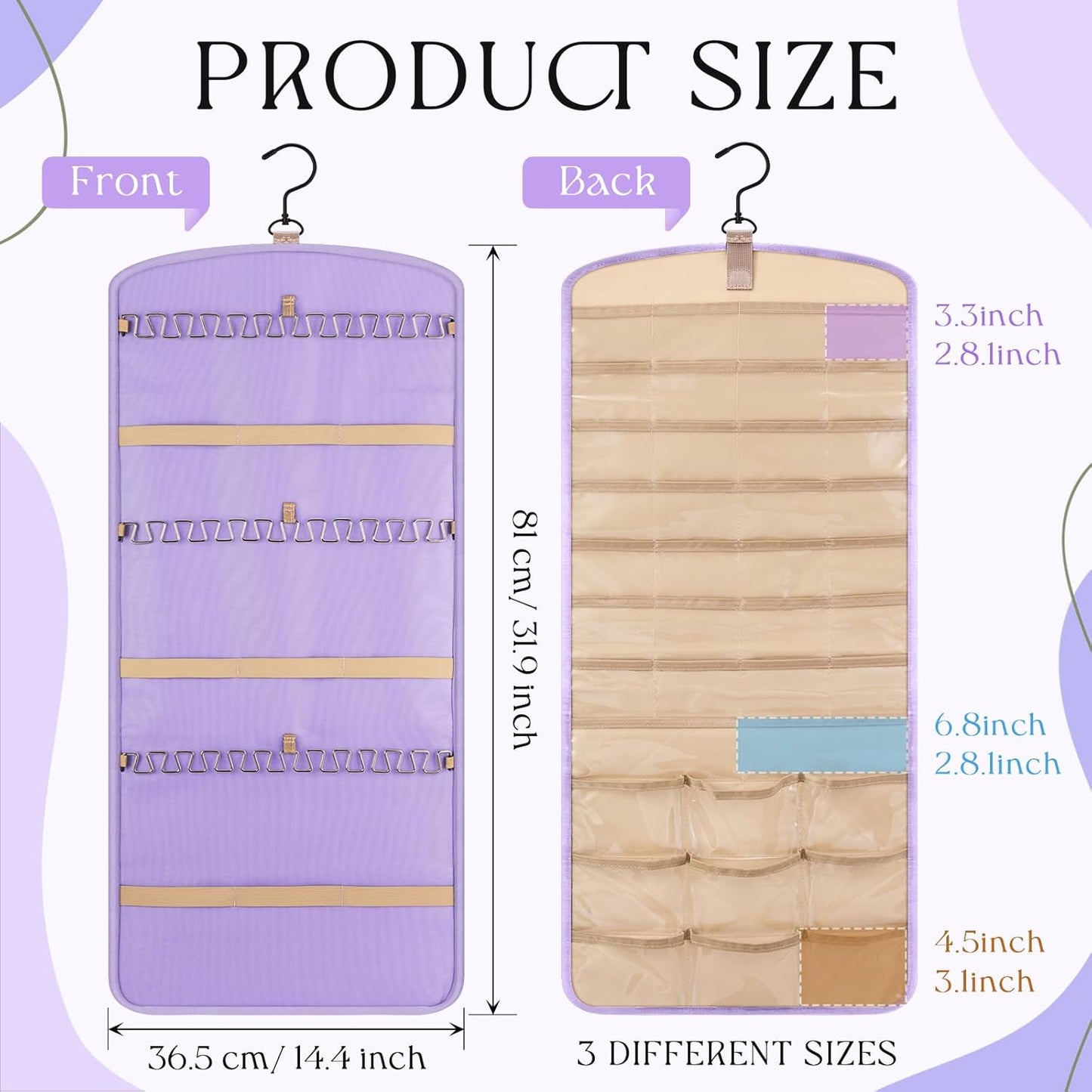 2 Pack Hanging Jewelry Organizer Storage with 39 Pockets, 30 Necklace Hooks Double Sided Wall Mount Earring Holder Organizer Bracelet Necklace Jewelry Display Hanger for Closet Door (Purple)