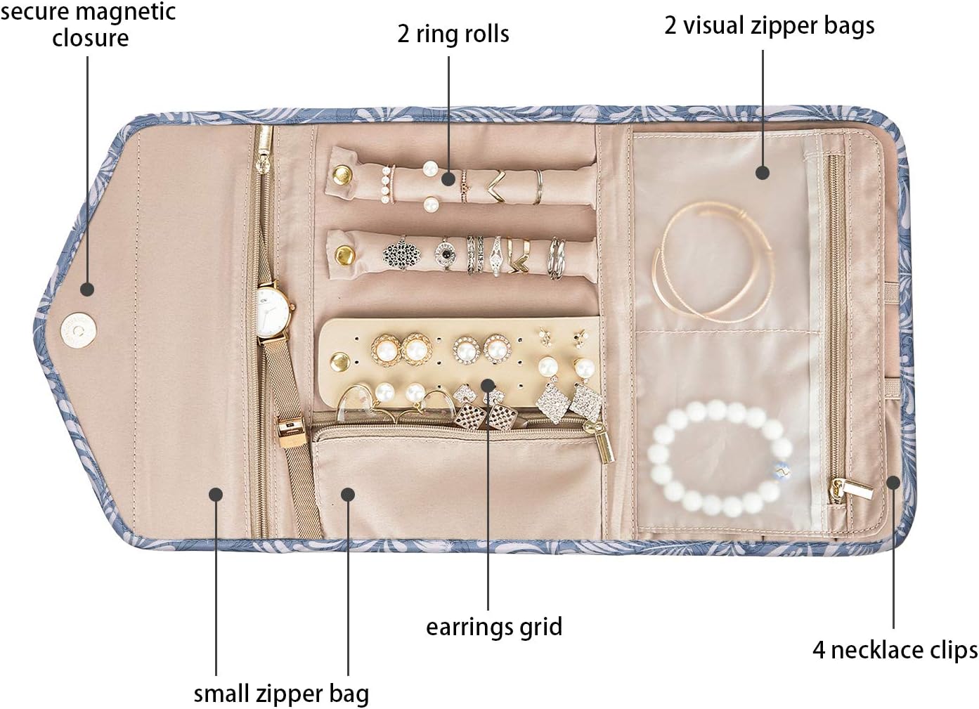 BAGSMART Travel Jewellery Organiser Roll Foldable Jewelry Case for Journey-Rings, Necklaces, Bracelets, Earrings, White Leaf