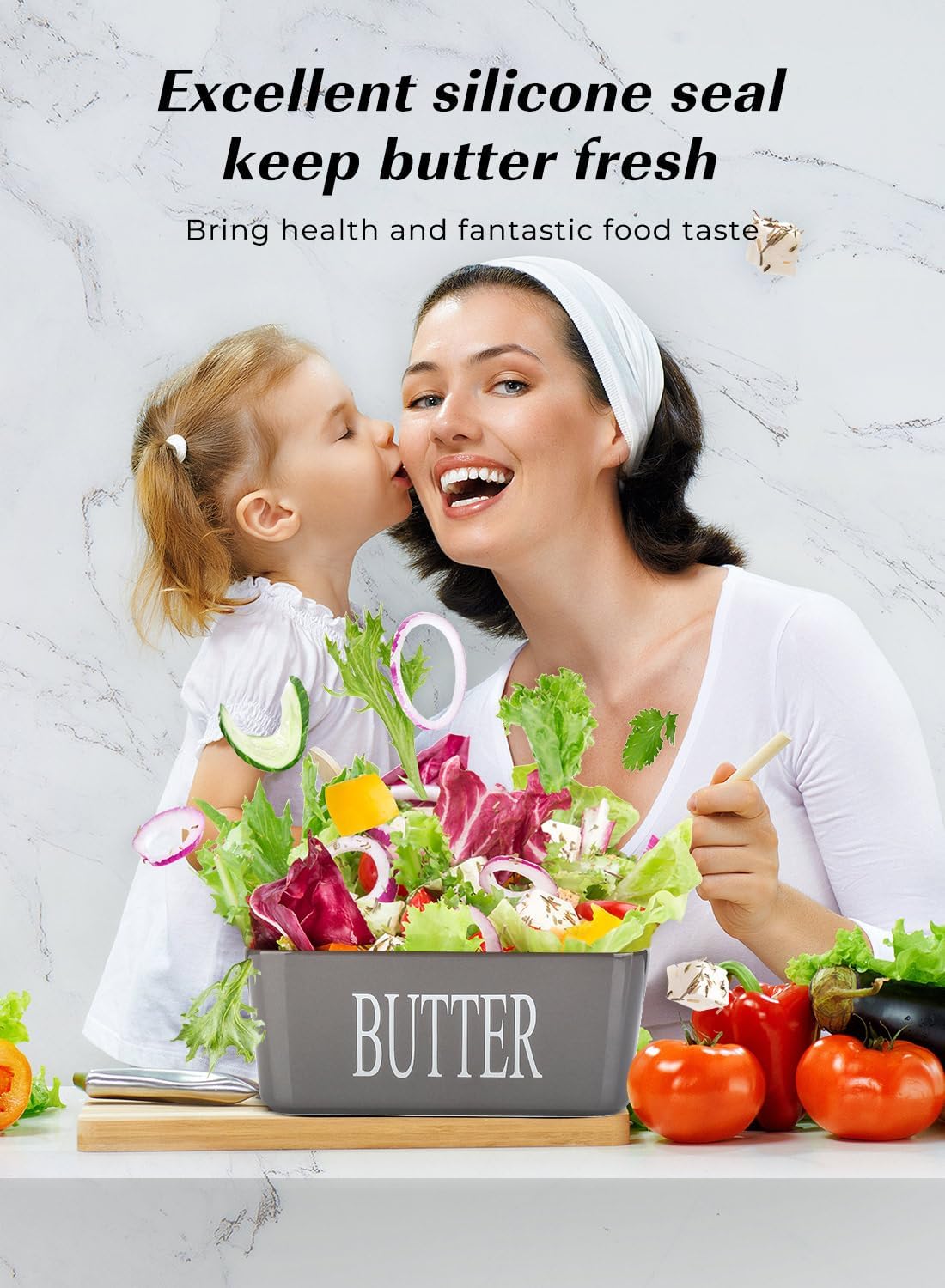 Butter Dish with Lid: Large Butter Container for Countertop - Ceramic Butter Holder for Counter - Butter Tray Butter Keeper with Knife and Sponge Scrubber - Perfect for 2 Sticks of Butter Grey