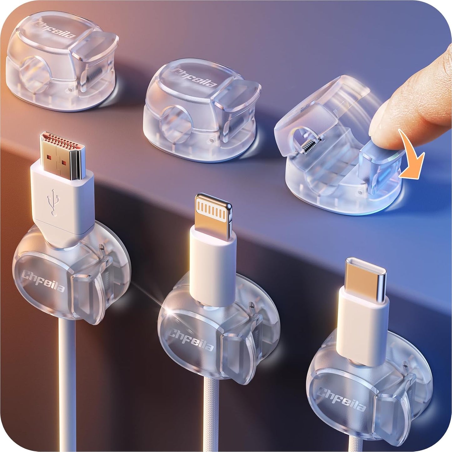 Cable Clips, Chfeila 6Pack Dual Spring Cord Organizer with Clasp Lock, [Max Stability] Desk Cable Management, Adhesive Phone Charging Wire Holder for Nightstand/Car/Wall, Office Accessories Decor