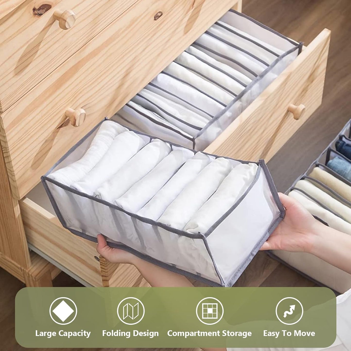 TOOVREN Drawer Organizers for Clothing 6PCS, Wardrobe Clothes Organizer, Dresser Drawer Organizer Clothes Jeans Storage Socks Underwear Organizer (Shirt+Jeans+T-Shirt+Bra+Underwear+Socks Grids, Gray)