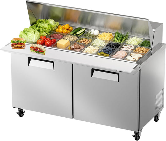 60" W Commercial Refrigerator Sandwich Salad Prep Table, Stainless Steel 2-Door Sandwich Prep Table Refrigerator, Counter Fan Cooling Refrigerator with 24 Pans for Restaurant, Bar
