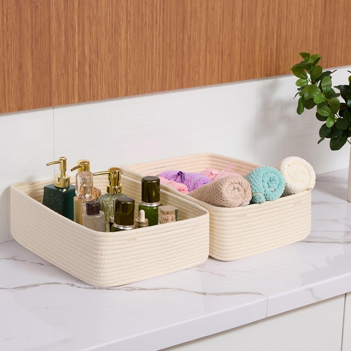 Large Shallow Organizing Baskets 15x11x5.1 Inches - Rope Woven Storage Bins for Bathroom, Shelves, Cube Closet, Beige 4 Packs