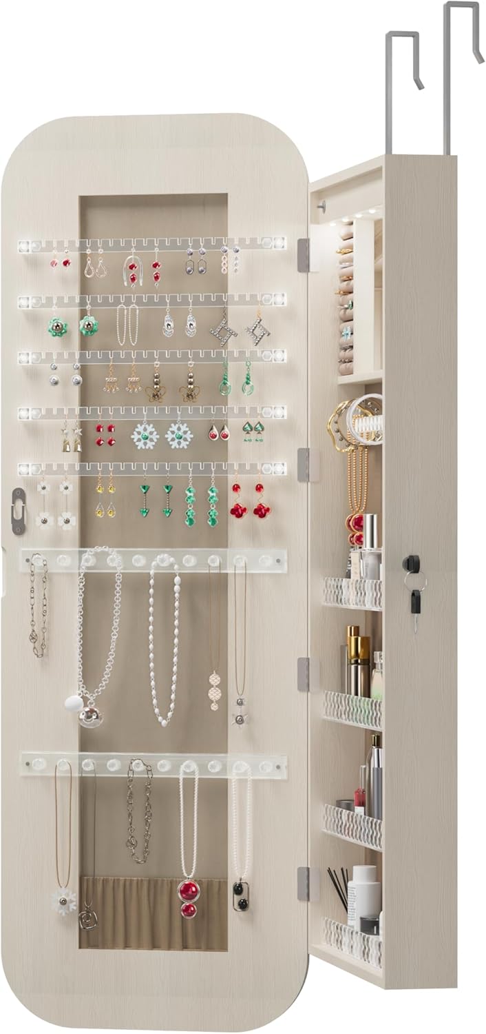 Montary Door or Wall-Mounted Jewelry Cabinet with Full-Length Mirror - Lockable Storage Organizer with Built-In LED Lighting, Hidden Jewelry Armoire for Bedroom & Closet, White