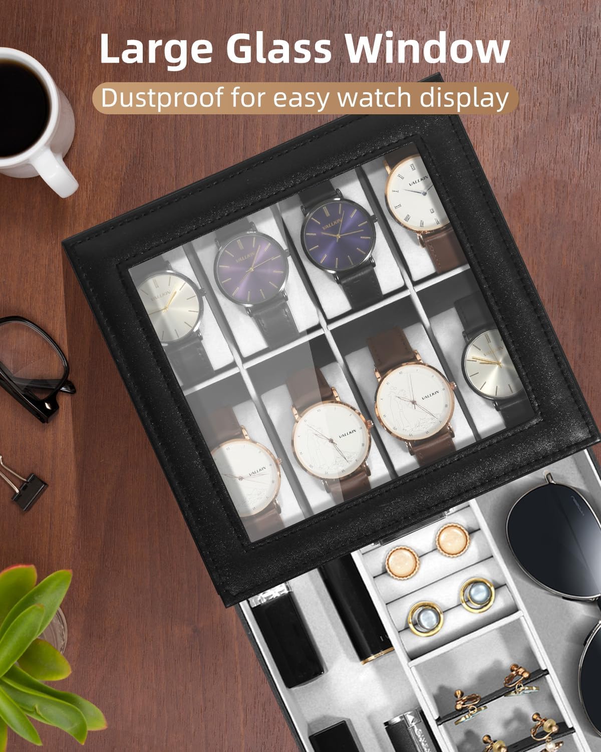 Uten 8-Slot Watch Box, 2-Layers PU Leather Watch Case with Glass Lid, Watch Holder Organizer with Soft Pillow and Velvet Lining, Watch and Jewelry Storage Box