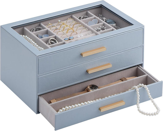Lolalet Jewelry Box Organizer, 3-Layer Jewelry Organizers and Storage Case with Glass Lid, Ring Earring Bracelet Necklace Holder Organizer, Birthday Christmas Gifts for Women Girls -3Layer, HazeBlue