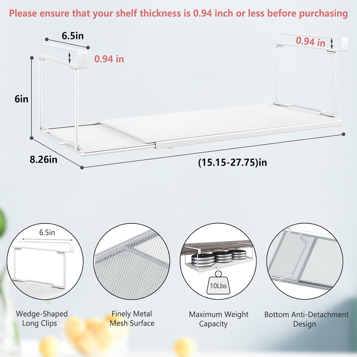 Expandable Under Cabinet Shelf, Extendable Under Shelf Storage with 0.94 Inches Thick Clips for Shoe Rack, Pantry Cabinet, Laundry Room. (White, 2 Pack, Interior: 6" H x 8.26" D)
