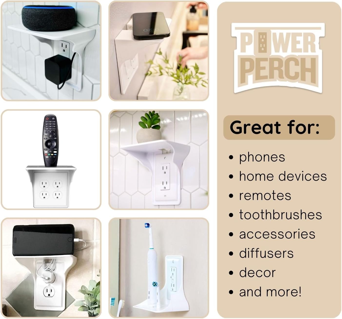Power Perch Horizontal Wall Outlet Shelf with Cord Storage Strap - Declutter & Reclaim Bathroom Counter Space - Alexa Stand, Apple Homepod Shelf, Toothbrush Holders Wall Mounted - White, 2-Pack