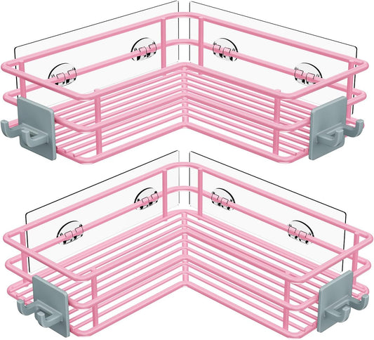 Nieifi Adhesive Corner Shower Caddy Shelf Basket Rack with Hooks, Rust Proof Stainless Steel Bathroom Shelf Shampoo Holder No Drilling (Pink)