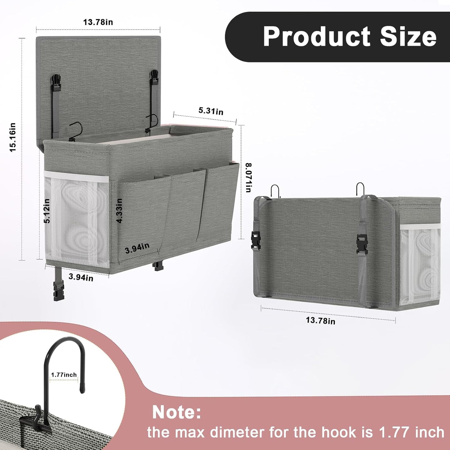 Dual-purpose Bedside Caddy Bedside Organizer, Bed Caddy with 6 Pockets, Versatile Bedside Storage Solution Magazine Remotes holder, ideal for Home, Dorm, Hospital, Crib Bed (Grey 2pcs)