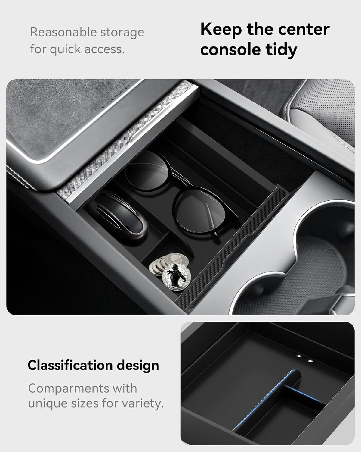 for Tesla New Model Y Juniper Center Console Organizer Tray Divided Storage Double Layer Space Slide smoothly Model Y 2025 2026 Accessorie - 4 PCS, Black