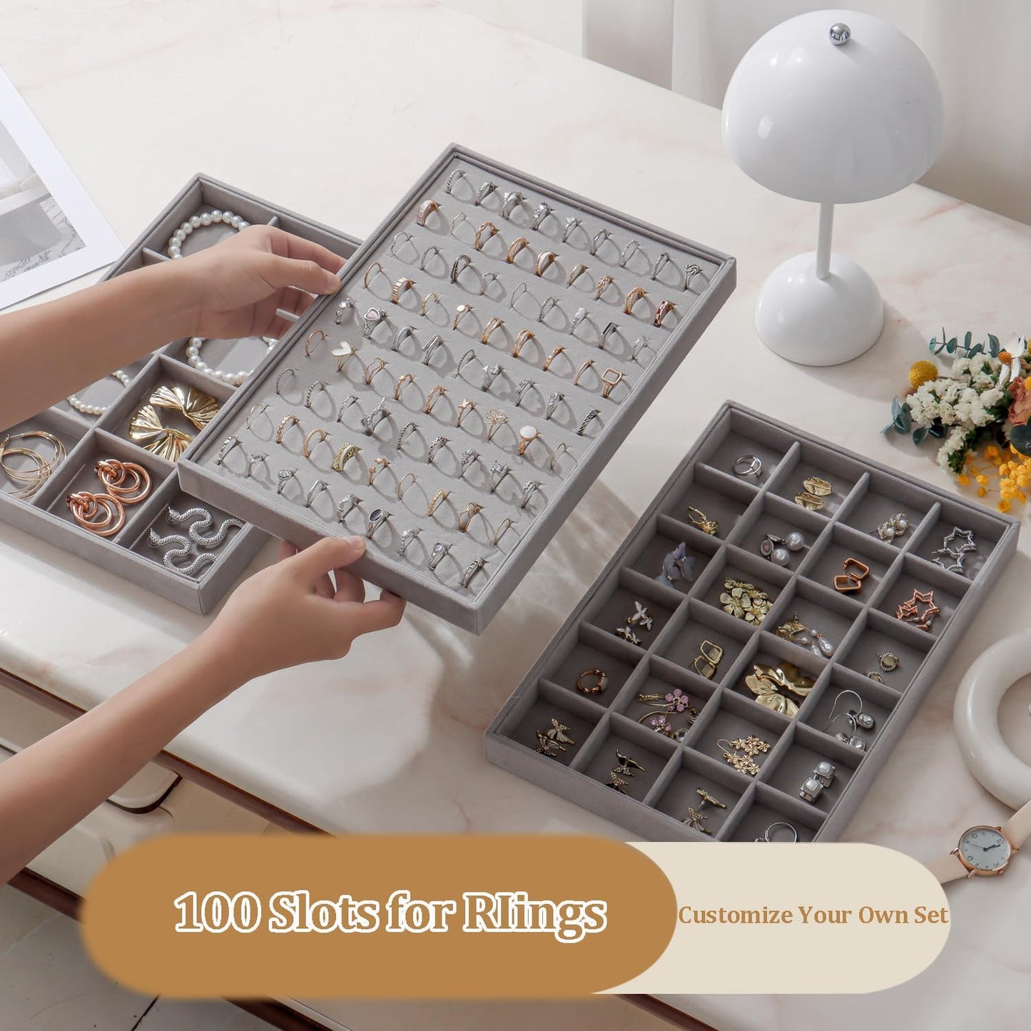 Large Jewelry Organizer for Drawer Insert Velvet Stackable Jewelry Trays for Earring Necklace Bracelet Ring Display (Gray, Ring 100 Slots)